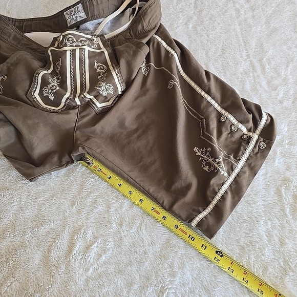 Landhaus Lederhosen German Swim Trunks Brown Size L Paisley Design Button Accent - Picture 13 of 16